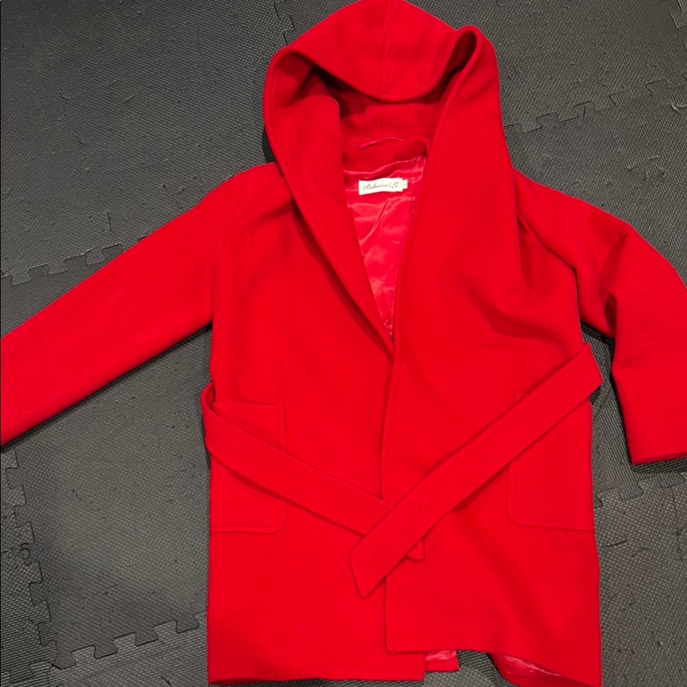 Vibrant Red Coat with oversized hood, and belt